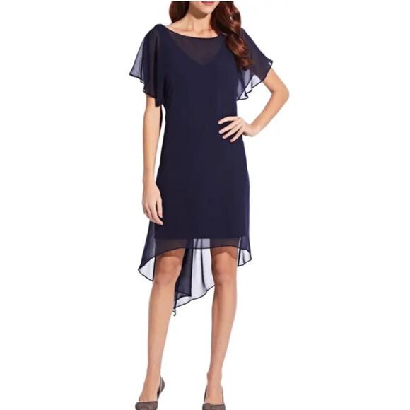 Adrianna Papell Dress SZ Small NWT Navy Chiffon Overlay Draped Evening Cocktail - Picture 1 of 16